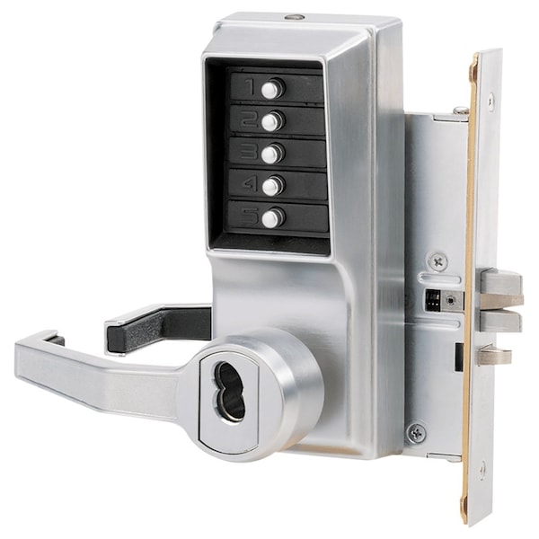 Mortise Combination Lever Lock, Key Override, Lockout, 6/7-Pin SFIC Prep, Less Core, Satin Chrome